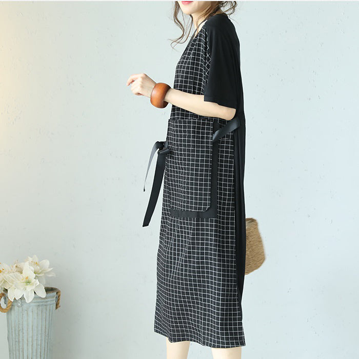 fine black plaid cotton dresses plus size patchwork traveling clothing 2018 tie waist gown