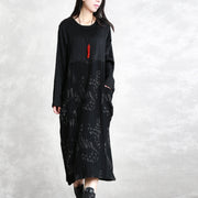 fine black striped autumn cotton blended dress plus size clothing O neck patchwork cotton blended gown casual long sleeve pockets maxi dresses