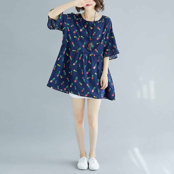 fine blue cotton shift dresses plus size clothing maxi dress casual Half sleeve floral v neck cotton dress