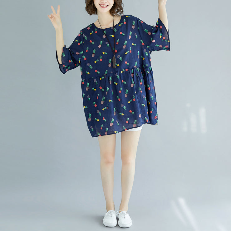 fine blue cotton shift dresses plus size clothing maxi dress casual Half sleeve floral v neck cotton dress