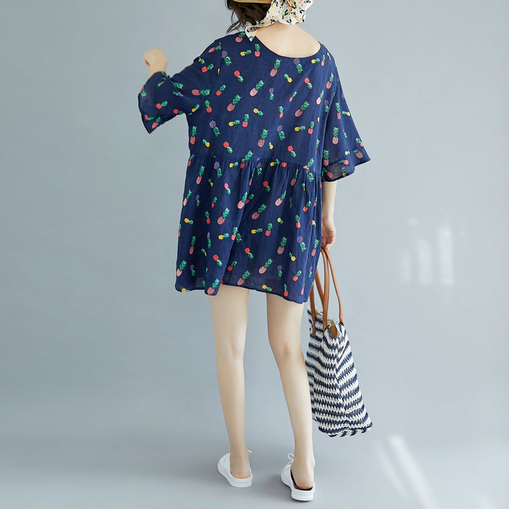 fine blue cotton shift dresses plus size clothing maxi dress casual Half sleeve floral v neck cotton dress