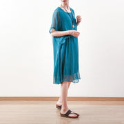 feine blaugrüne Midi-Chiffonkleider plus Größenkleidung Chiffon-Maxikleid 2018 asymmetrisches Rüschen-Baumwollkleid mit O-Ausschnitt