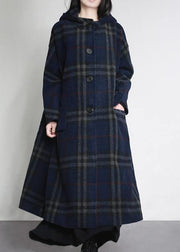 fine blue plaid woolen overcoat oversized hooded pockets Winter coat women coats - SooLinen