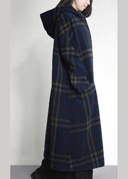 fine blue plaid woolen overcoat oversized hooded pockets Winter coat women coats - SooLinen