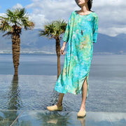 fine blue print natural linen dress plus size o neck baggy dresses New Three Quarter sleeve dresses