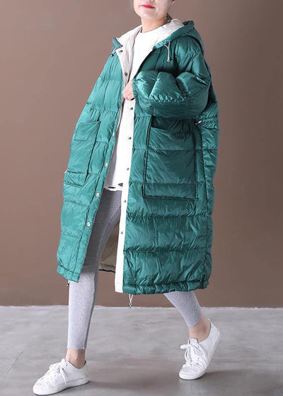 casual down jacket coats blue green hooded pockets goose Down coat - SooLinen