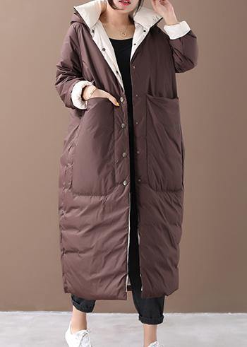 fine chocolate down plus size hooded pockets clothing winter coats - SooLinen