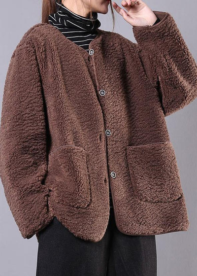 fine coat jacket chocolate o neck Button Wool jackets - SooLinen