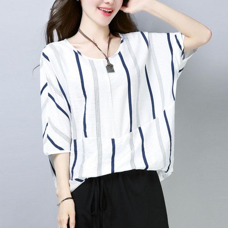 fine cotton tops oversized Casual Summer Short Sleeve Navy Blue Stripe T-shirt