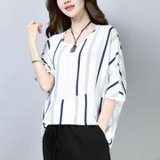 fine cotton tops oversized Casual Summer Short Sleeve Navy Blue Stripe T-shirt