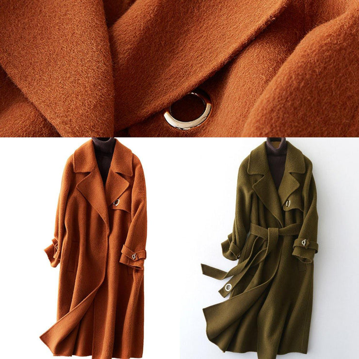 fine green Woolen Coats Loose fitting long coats tie waist outwear lapel collar - SooLinen