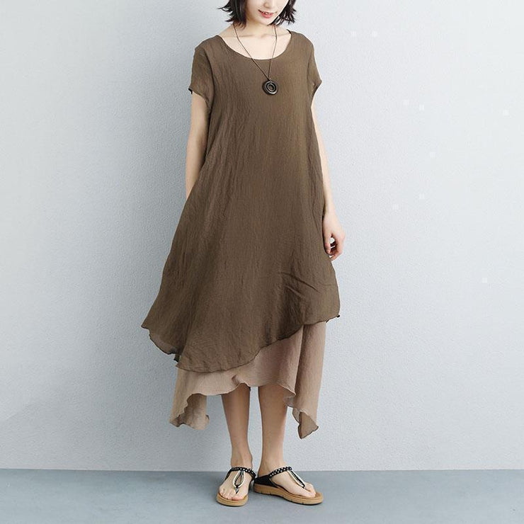 fine long cotton dresses plus size False Two-piece Short Sleeve Chocolate Plain Dress