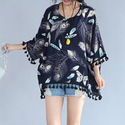 fine navy natural linen t shirt Loose fitting casual cardigans boutique tassel floral linen cotton tops