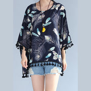 fine navy natural linen t shirt Loose fitting casual cardigans boutique tassel floral linen cotton tops