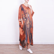 fine orange Midi-length silk dress plus size casual dress 2018v neck prints silk dresses