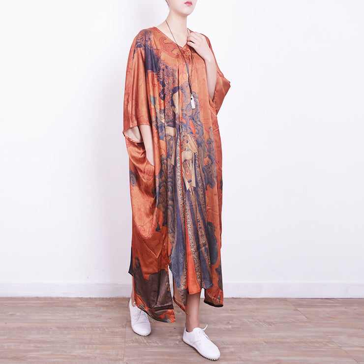 fine orange Midi-length silk dress plus size casual dress 2018v neck prints silk dresses