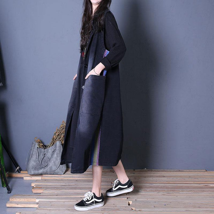 fine oversize fall outwear denim black Notched sleeveless coats - SooLinen