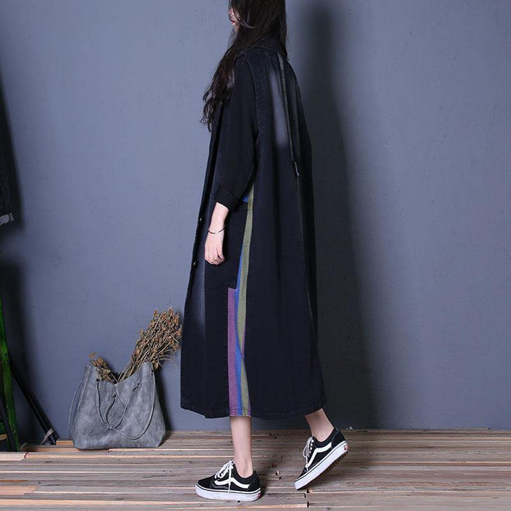 fine oversize fall outwear denim black Notched sleeveless coats - SooLinen