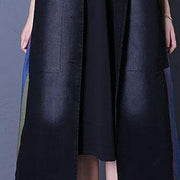 fine oversize fall outwear denim black Notched sleeveless coats - SooLinen