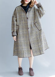 fine plus size mid-length coats winter woolen outwear plaid pockets woolen overcoat - SooLinen