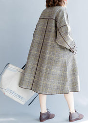 fine plus size mid-length coats winter woolen outwear plaid pockets woolen overcoat - SooLinen