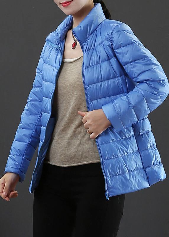 fine plus size winter jacket overcoat light blue stand collar zippered duck down coat - SooLinen