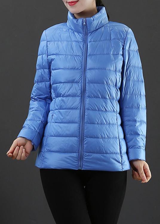 fine plus size winter jacket overcoat light blue stand collar zippered duck down coat - SooLinen