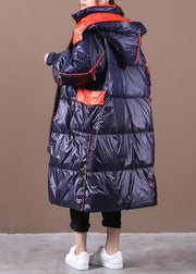 plus size womens parka overcoat dark blue hooded patchwork goose Down coat - SooLinen