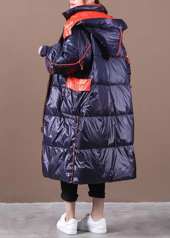 plus size womens parka overcoat dark blue hooded patchwork goose Down coat - SooLinen