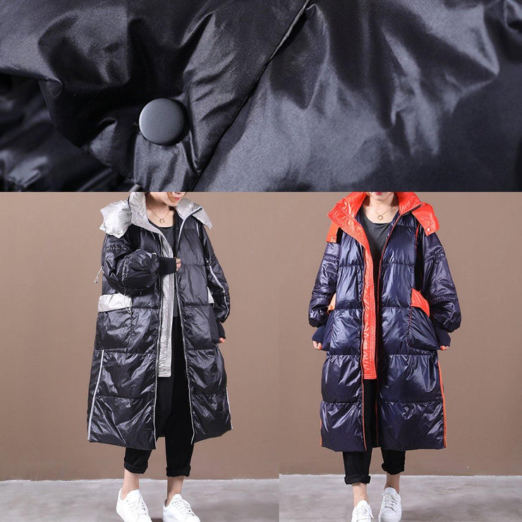 plus size womens parka overcoat dark blue hooded patchwork goose Down coat - SooLinen