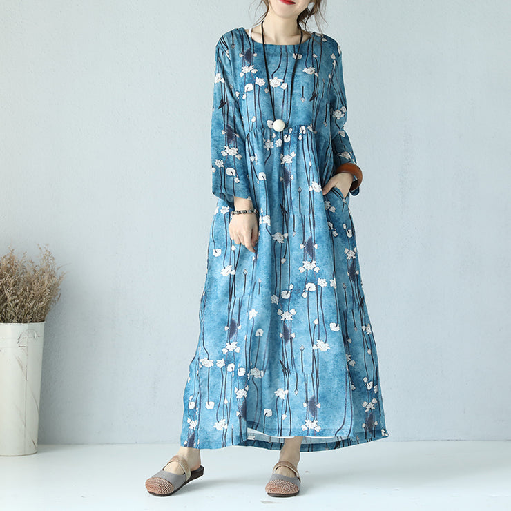 fine print linen dress Loose fitting O neck linen maxi dress boutique long sleeve maxi dresses