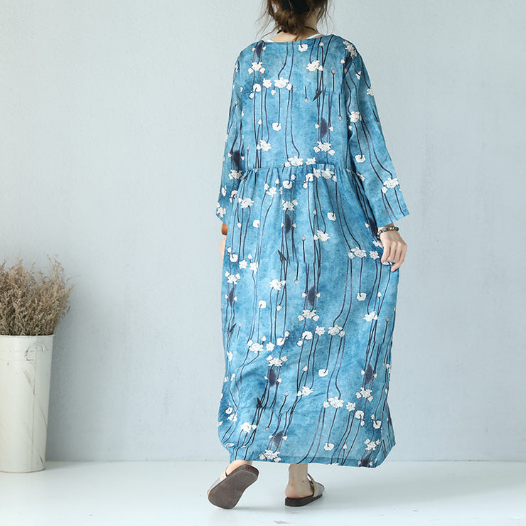 fine print linen dress Loose fitting O neck linen maxi dress boutique long sleeve maxi dresses