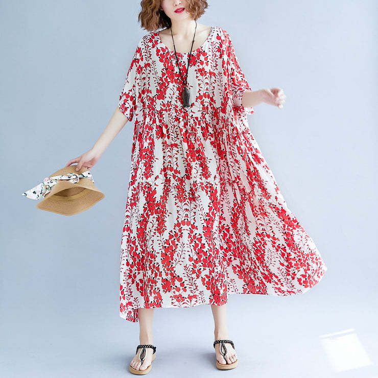 fine red cotton linen dress trendy plus size short sleeve print baggy dresses cotton gown 2018 v neck traveling clothing