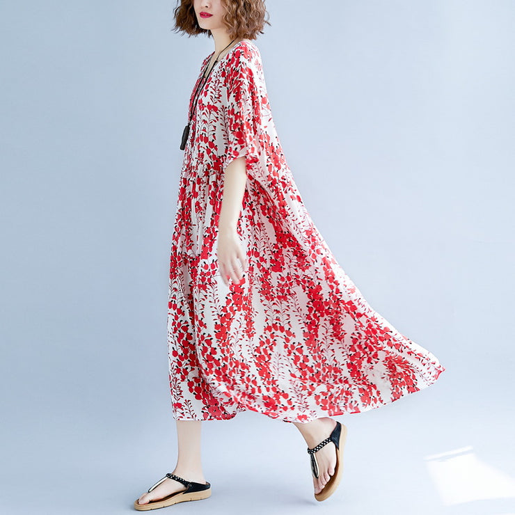 fine red cotton linen dress trendy plus size short sleeve print baggy dresses cotton gown 2018 v neck traveling clothing