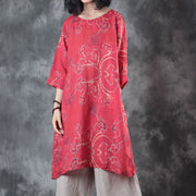 fine red linen tops oversize traveling blouse women half sleeve print O neck linen blouses