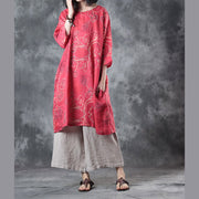 fine red linen tops oversize traveling blouse women half sleeve print O neck linen blouses