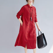 fine red long cotton linen shirt dress plus size Turn-down Collar side open fine long sleeve pockets cotton linen shirt caftans