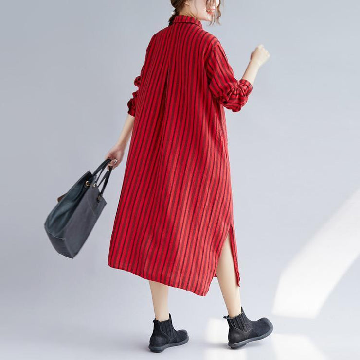 fine red long cotton linen shirt dress plus size Turn-down Collar side open fine long sleeve pockets cotton linen shirt caftans