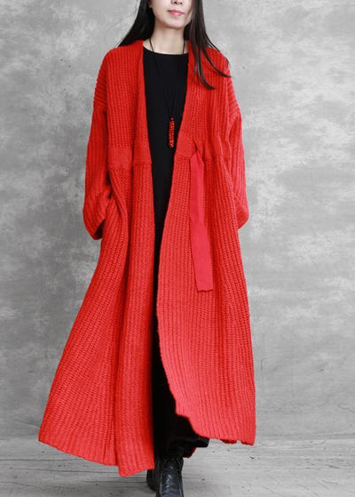 fine red woolen coats Loose fitting v neck drawstring long jackets women coats - SooLinen