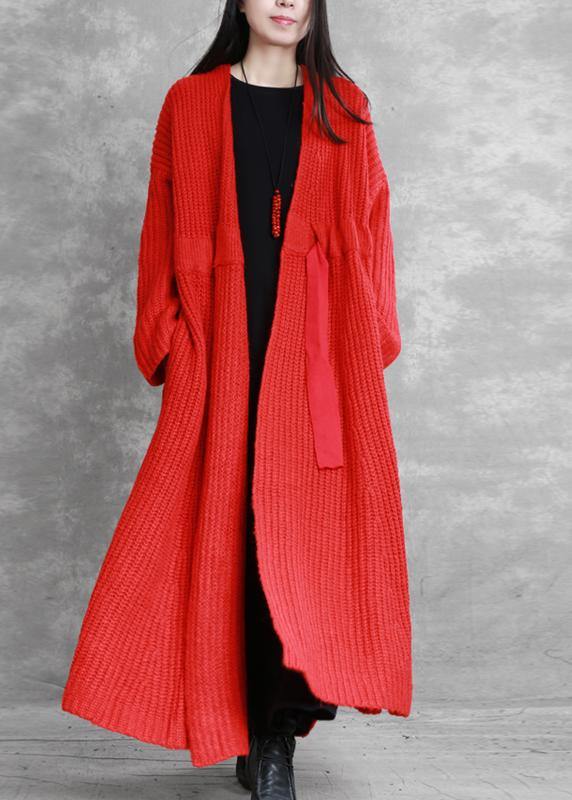 fine red woolen coats Loose fitting v neck drawstring long jackets women coats - SooLinen