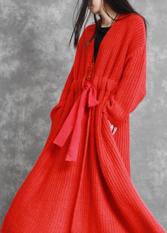 fine red woolen coats Loose fitting v neck drawstring long jackets women coats - SooLinen