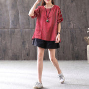 fine summer cotton blended t shirt Loose fitting Stripe Casual Round Neck Short Sleeve Red T-shirt