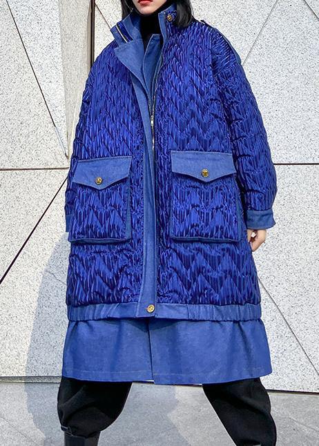 trendy plus size Coats winter outwear blue lapel zippered Parkas for women - SooLinen