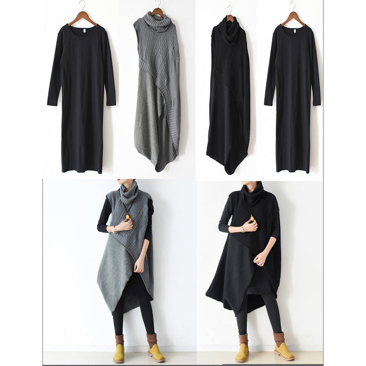 two pieces black knit dresses asymmetrical winter dress asymmetrical design 2024 winter