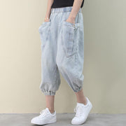 tyle summer wild pants plus size clothing light denim blue Work pockets trousers - SooLinen