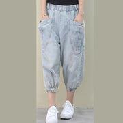 tyle summer wild pants plus size clothing light denim blue Work pockets trousers - SooLinen