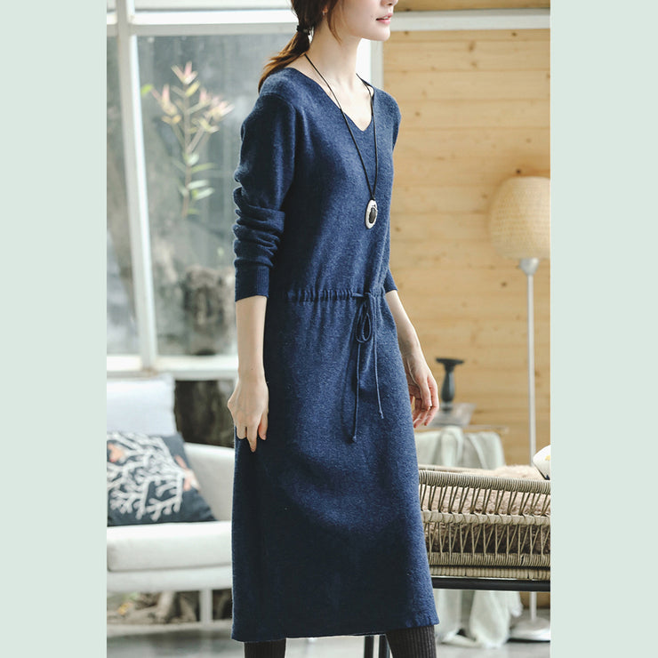 warm blue knit dresses fall fashion V neck long knit sweaters casual drawstring pullover sweater