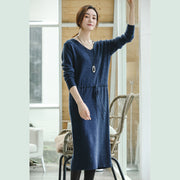 warm blue knit dresses fall fashion V neck long knit sweaters casual drawstring pullover sweater