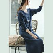 warm blue knit dresses fall fashion V neck long knit sweaters casual drawstring pullover sweater