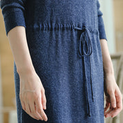 warm blue knit dresses fall fashion V neck long knit sweaters casual drawstring pullover sweater